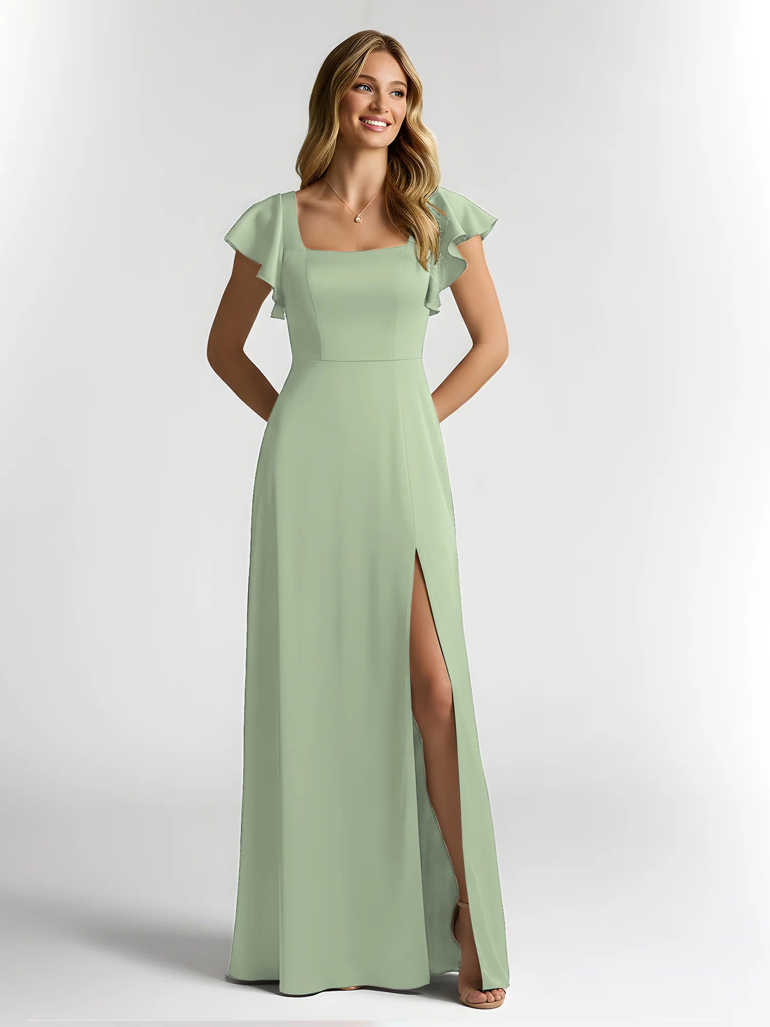 Square Neck Flutter Sleeve Satin A-Line Bridesmaid Maxi Dress with Slit