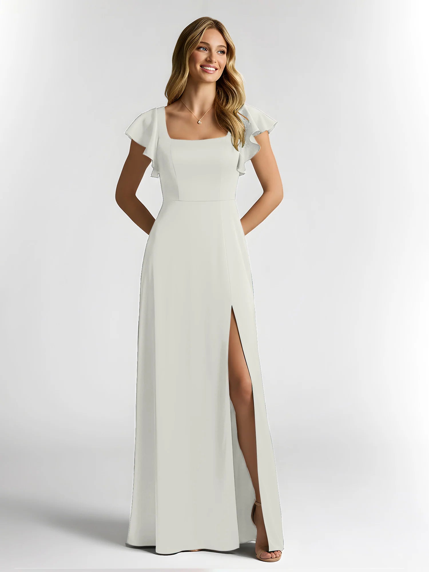 Square Neck Flutter Sleeve Satin A-Line Bridesmaid Maxi Dress with Slit