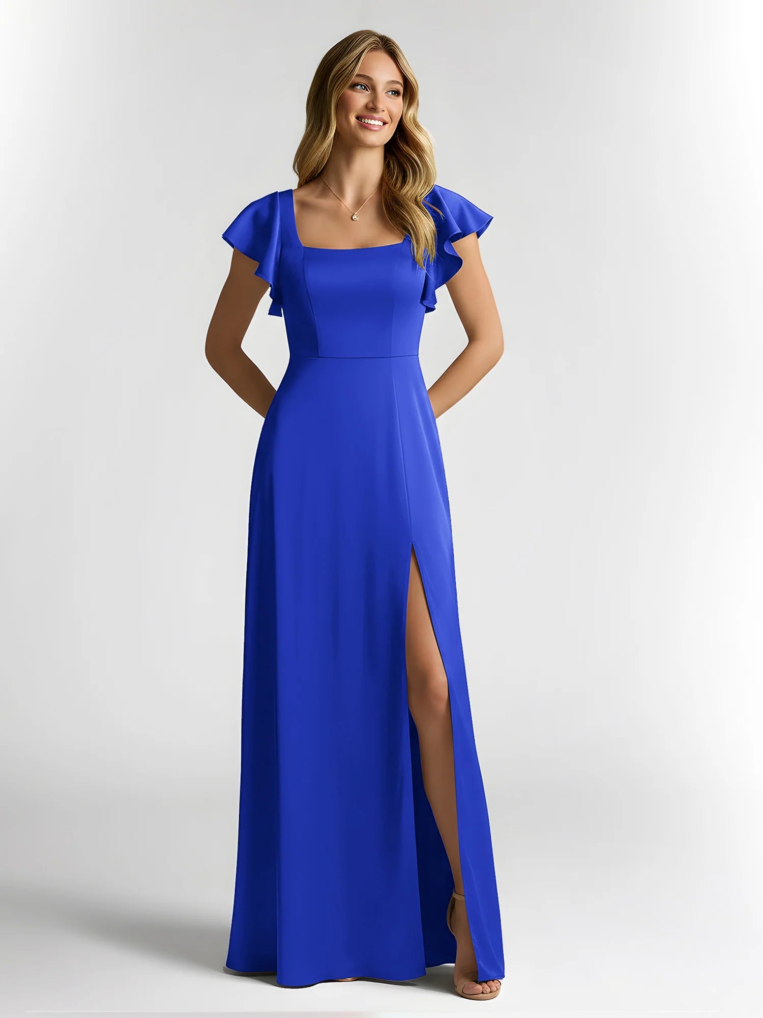 Square Neck Flutter Sleeve Satin A-Line Bridesmaid Maxi Dress with Slit