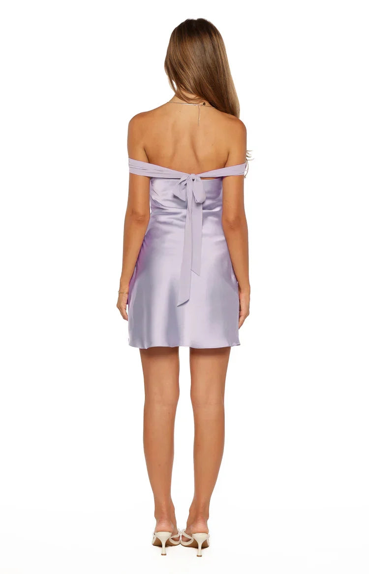 Satin Sheath Off Shoulder Sleeveless Tie Back Mini Homecoming Dress