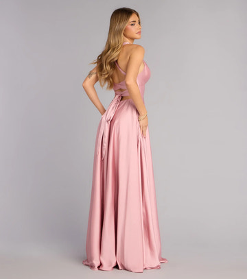 Elegante Vestido de Fiesta Largo con Escote Halter en V, Corte A, Satén, Abertura y Espalda Descubierta