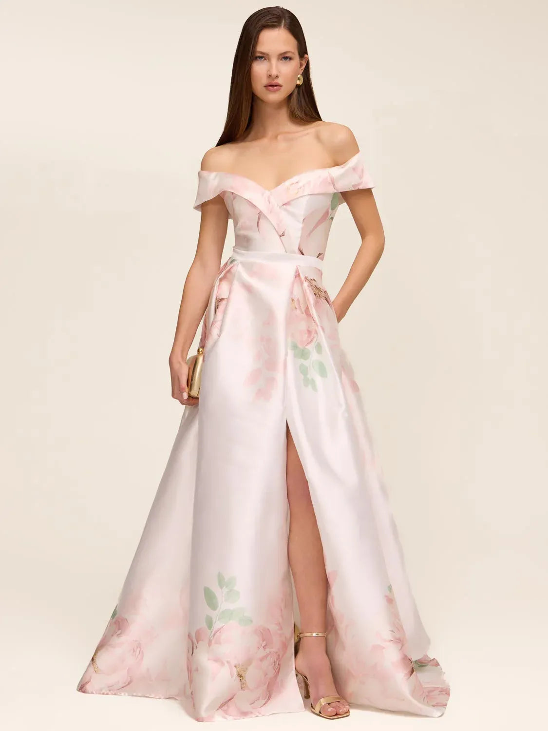 Elegante Vestido de Fiesta Largo con Abertura, Hombros Descubiertos, Corte en A de Satén Floral y Bolsillos