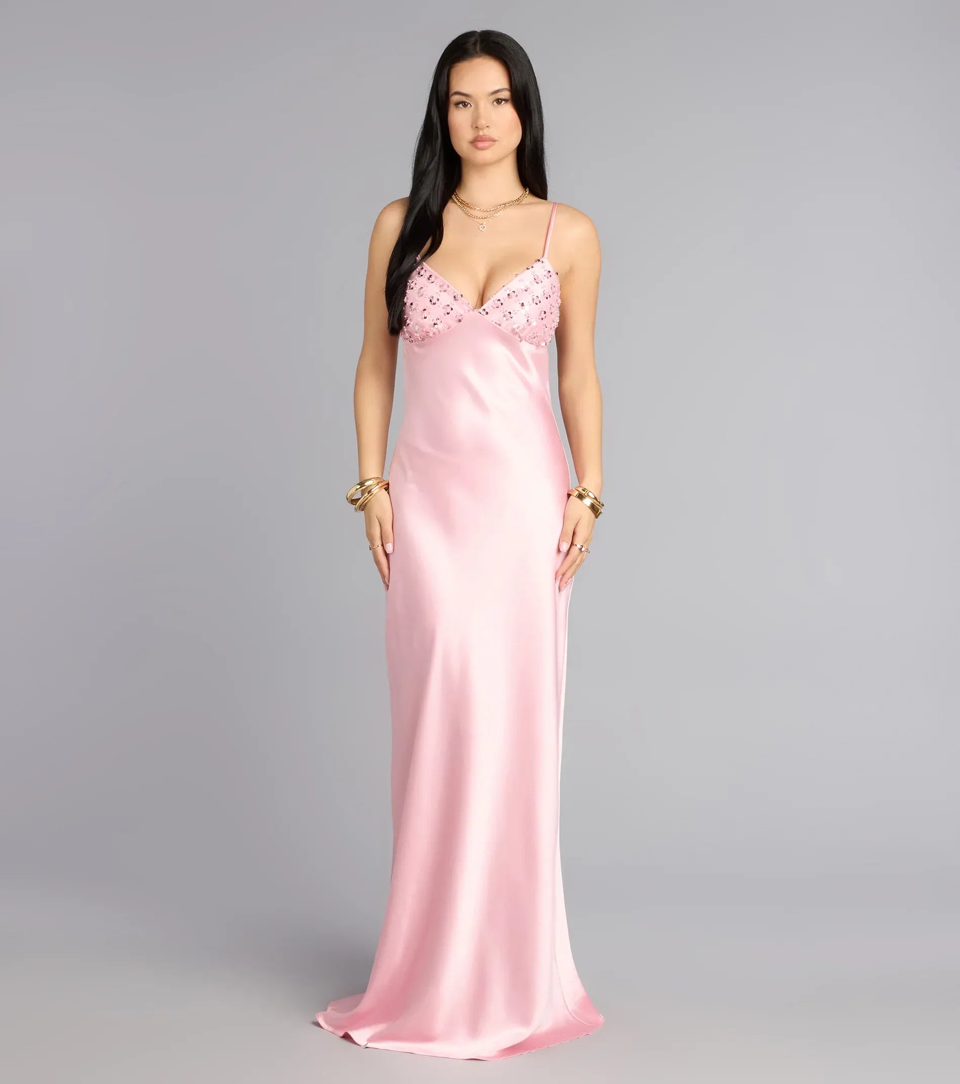 Glamorous Satin Slip Spaghetti Strap Beaded Backless Maxi Evening Dress