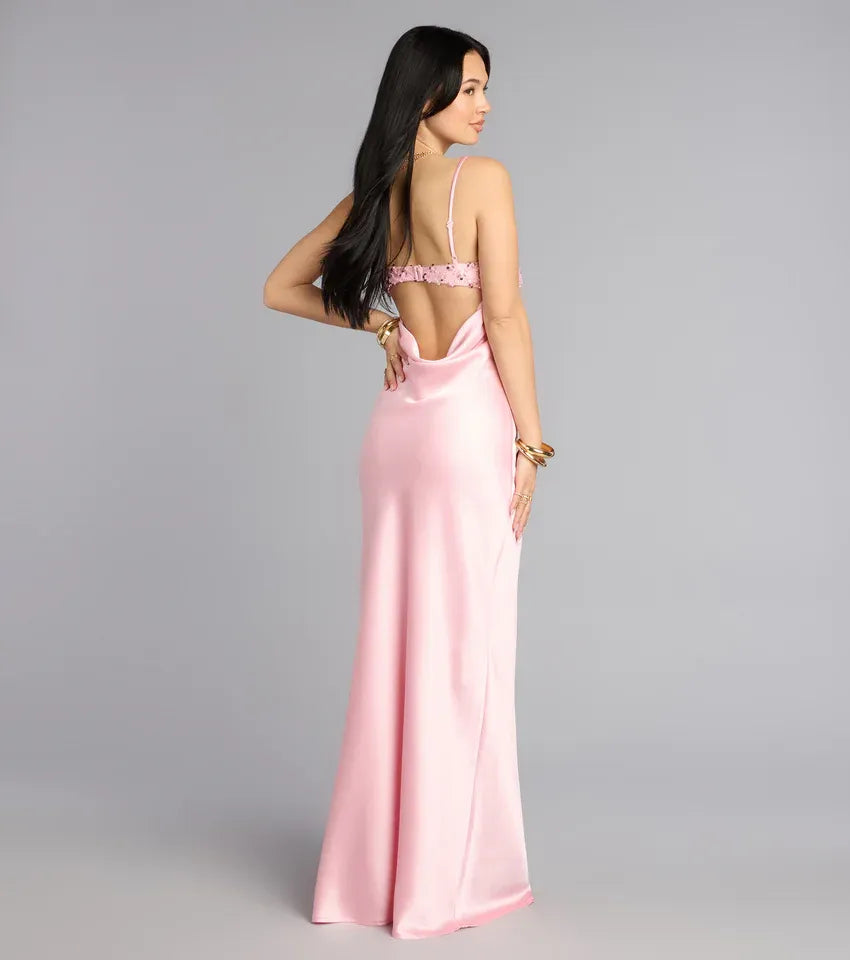 Glamorous Satin Slip Spaghetti Strap Beaded Backless Maxi Evening Dress