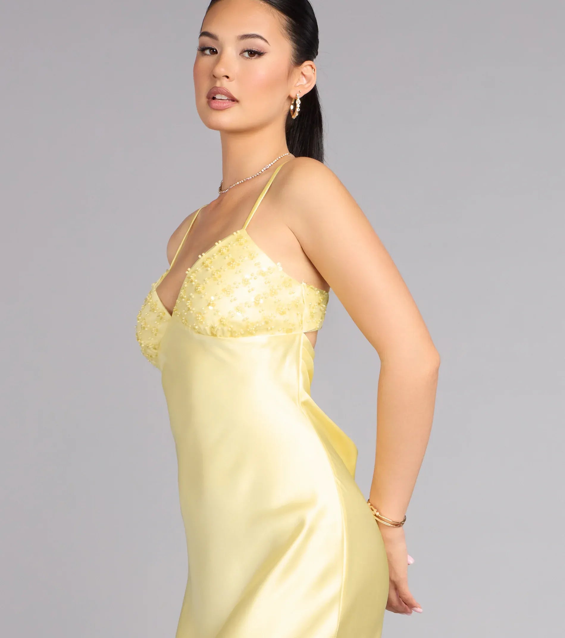 Glamorous Satin Slip Spaghetti Strap Beaded Backless Maxi Evening Dress