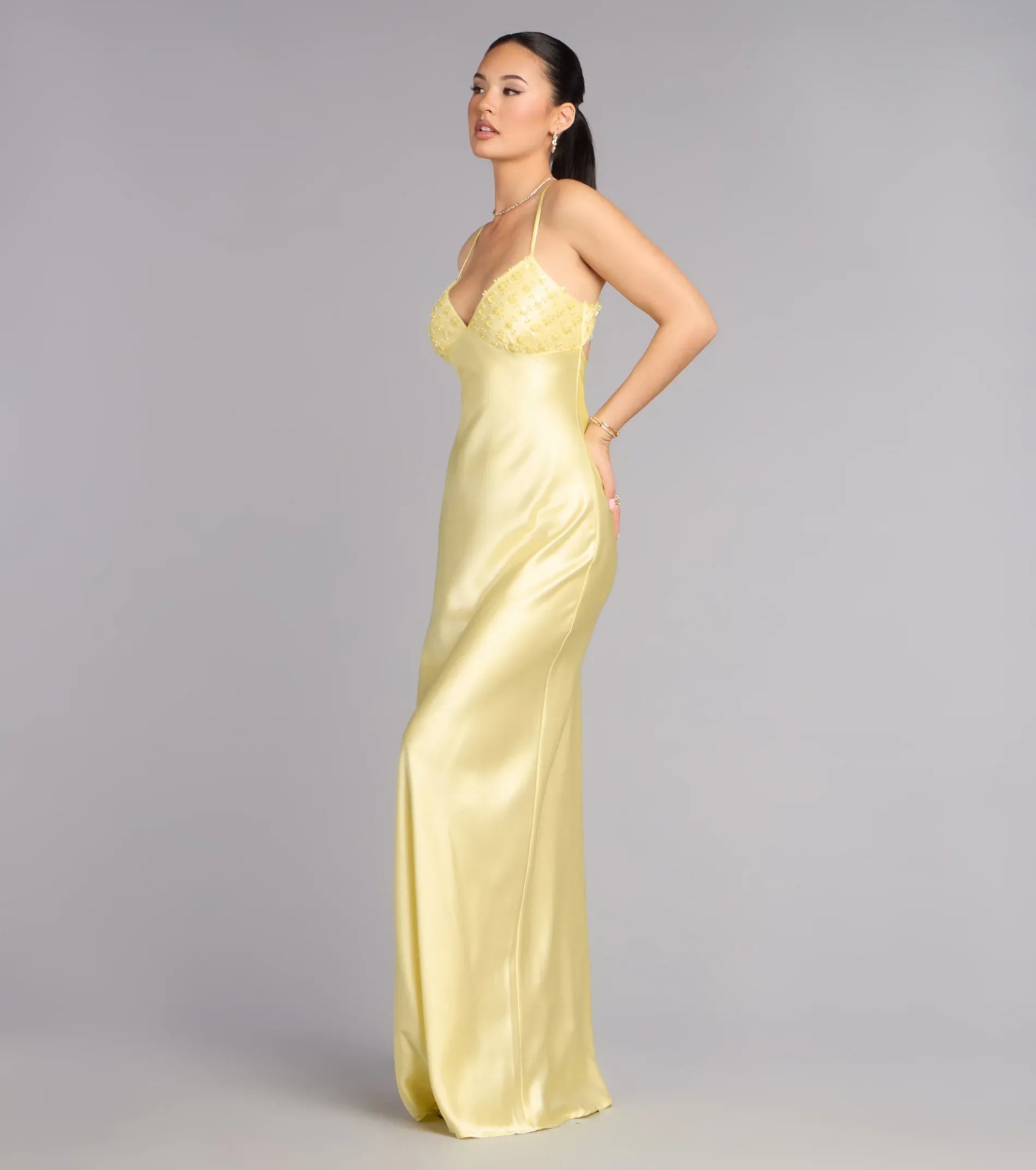 Glamorous Satin Slip Spaghetti Strap Beaded Backless Maxi Evening Dress