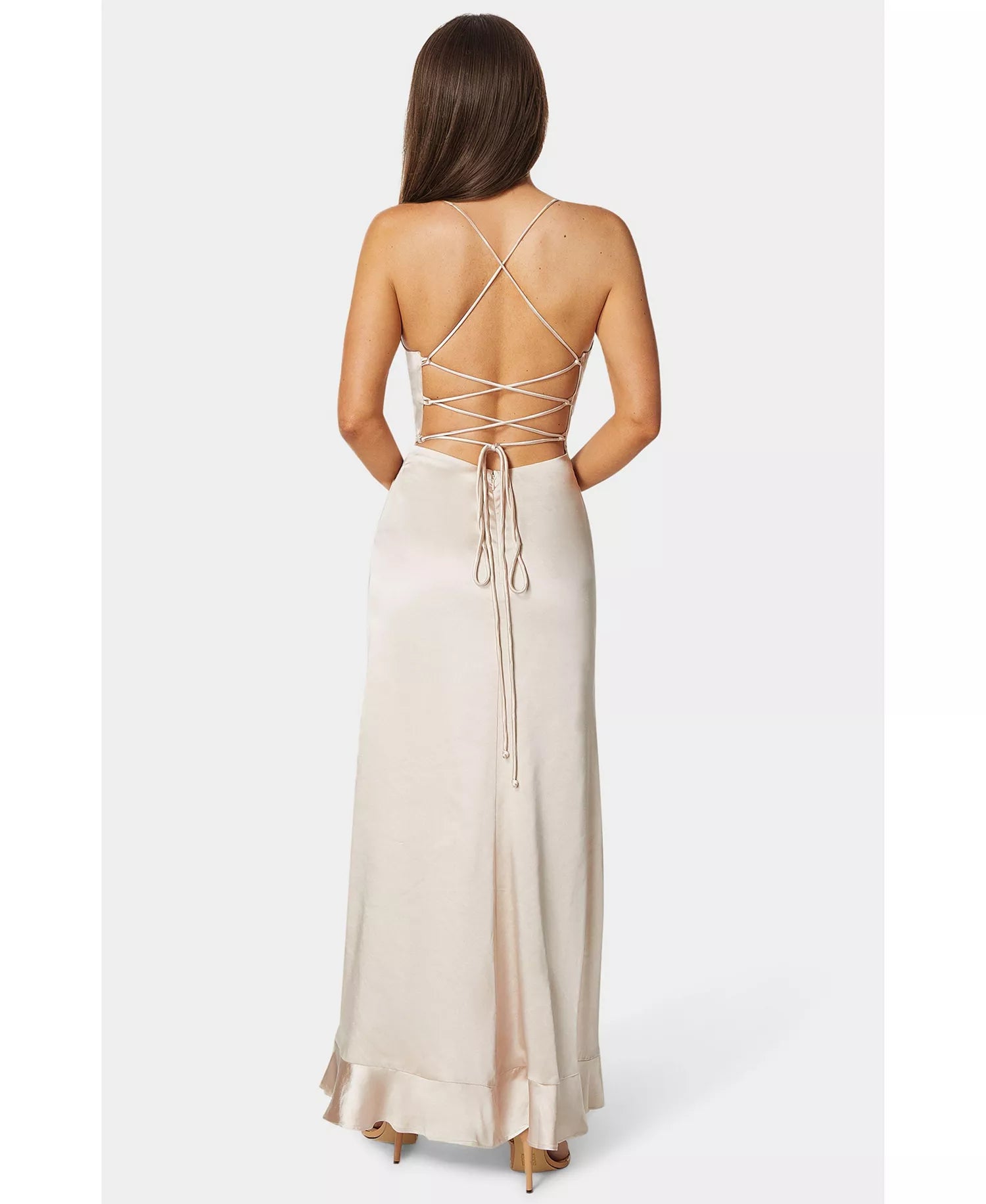 Satin Cowl Neck Cami Strap High-Low Maxi Wedding Guest Dress