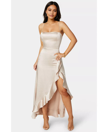 Satin Cowl Neck Cami Strap High-Low Maxi Wedding Guest Dress