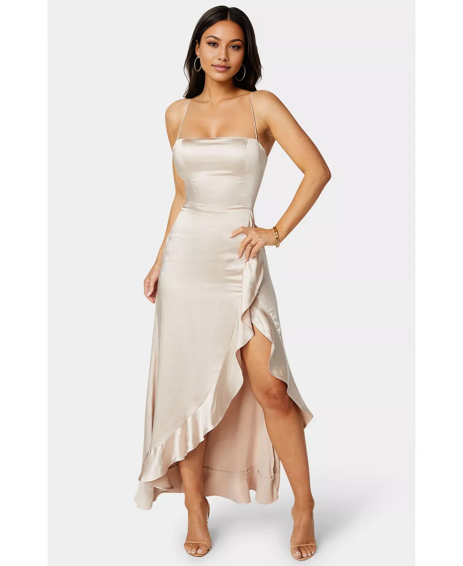 Satin Cowl Neck Cami Strap High-Low Maxi Wedding Guest Dress