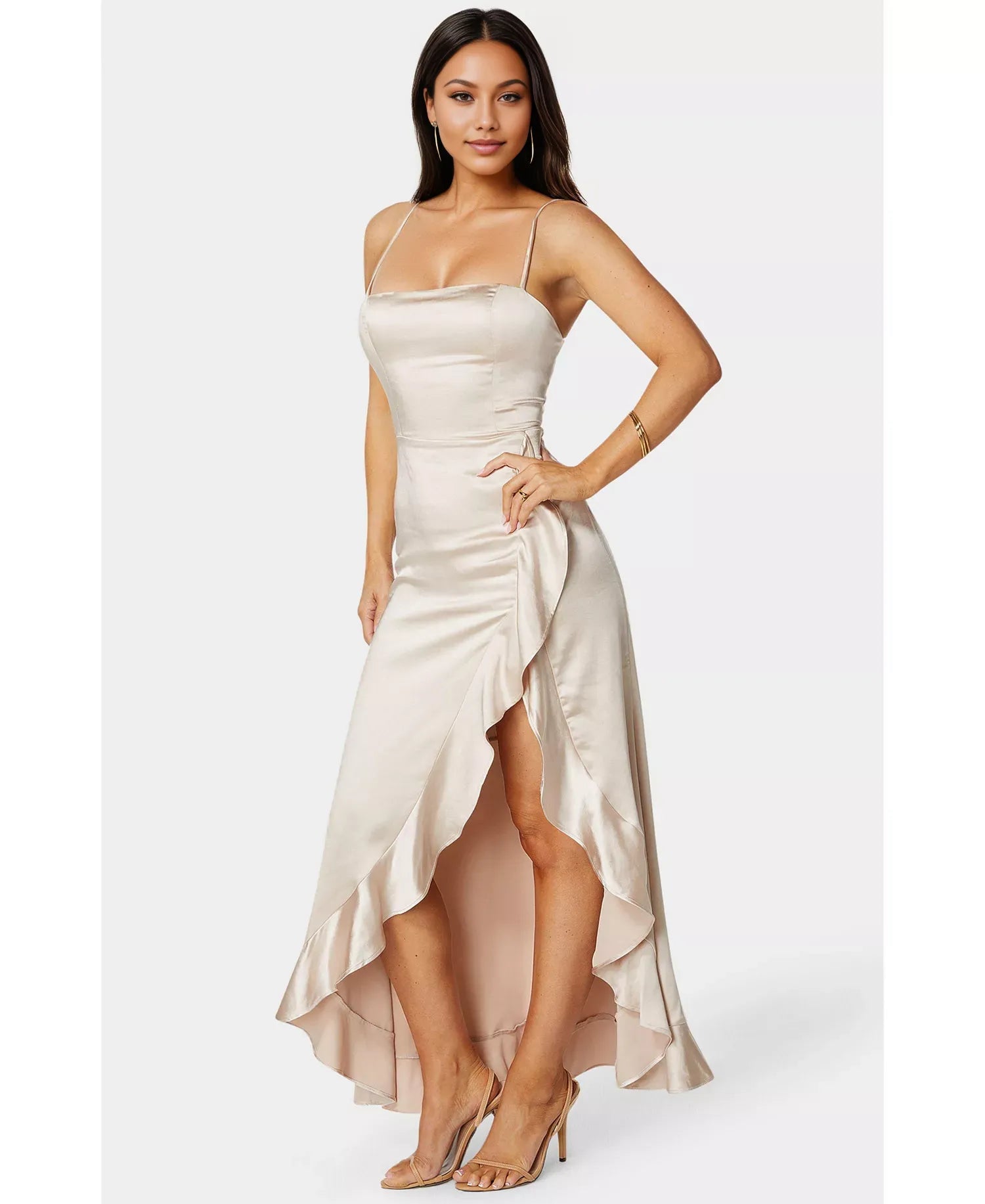Satin Cowl Neck Cami Strap High-Low Maxi Wedding Guest Dress