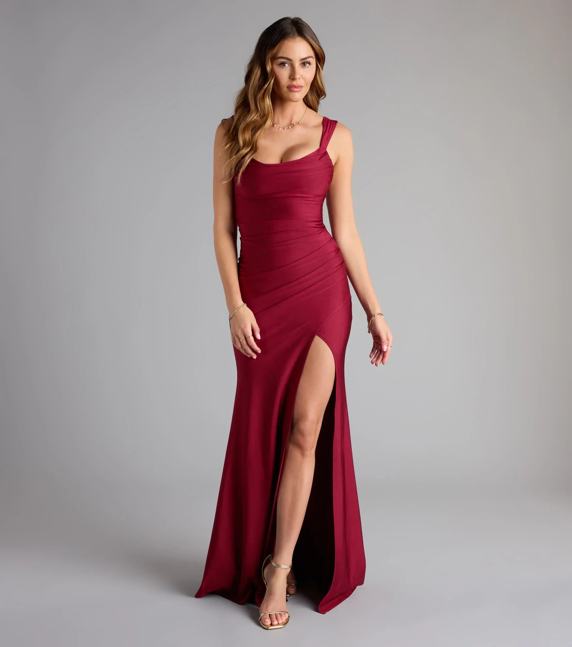 Elegant Satin Mermaid Cowl Neck Ruched Slit Maxi Dress Formal Evening Dress