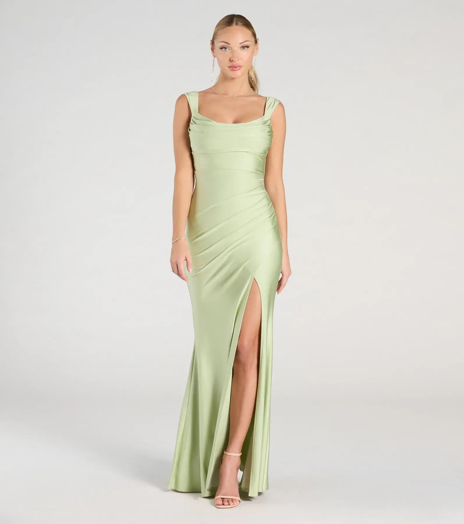 Elegant Satin Mermaid Cowl Neck Ruched Slit Maxi Dress Formal Evening Dress