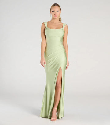 Elegant Satin Mermaid Cowl Neck Ruched Slit Maxi Dress Formal Evening Dress
