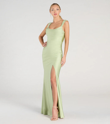 Elegant Satin Mermaid Cowl Neck Ruched Slit Maxi Dress Formal Evening Dress
