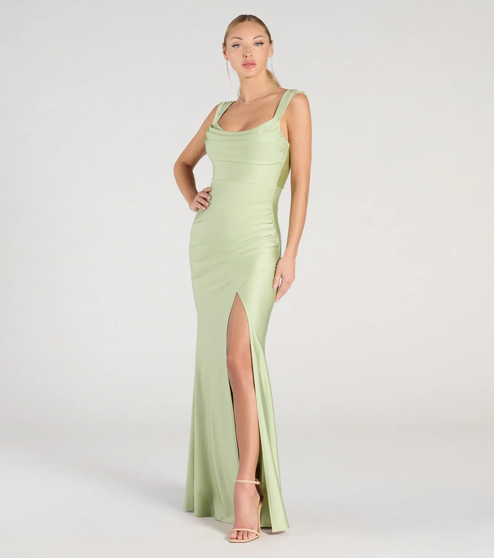 Elegant Satin Mermaid Cowl Neck Ruched Slit Maxi Dress Formal Evening Dress