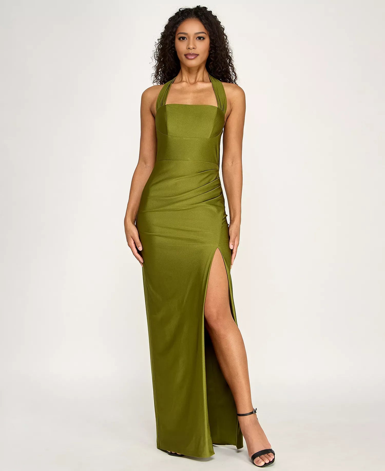 Satin Mermaid Halter Neck Floor Length Slit Evening Gown With Bow