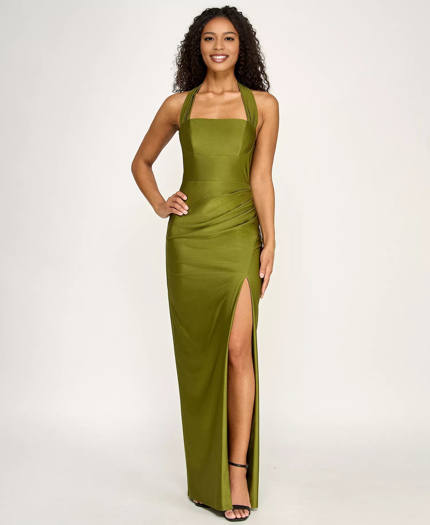 Satin Mermaid Halter Neck Floor Length Slit Evening Gown With Bow