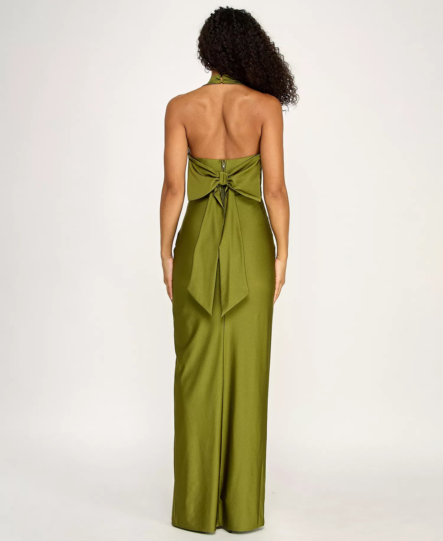 Satin Mermaid Halter Neck Floor Length Slit Evening Gown With Bow