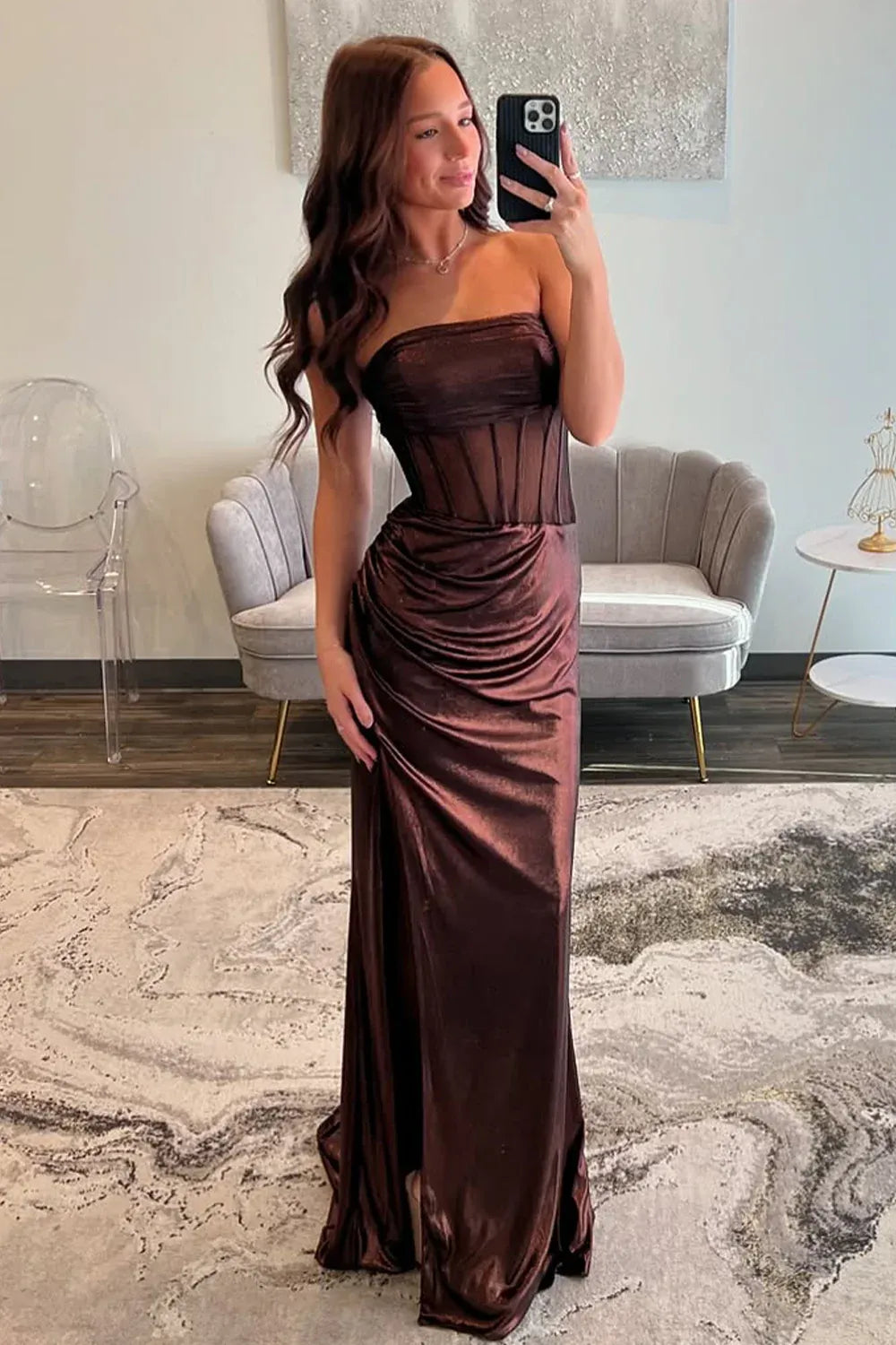Satin Mermaid Strapless Straight-Neck Sleeveless Floor-Length Corset Evening Dress