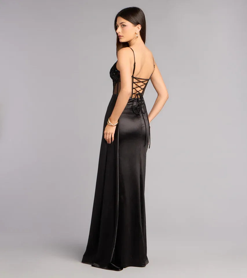 Elegant Satin Sheath Spaghetti Strap Lace Corset Slit Formal Evening Dress