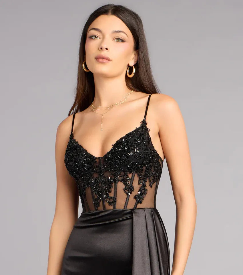 Elegant Satin Sheath Spaghetti Strap Lace Corset Slit Formal Evening Dress