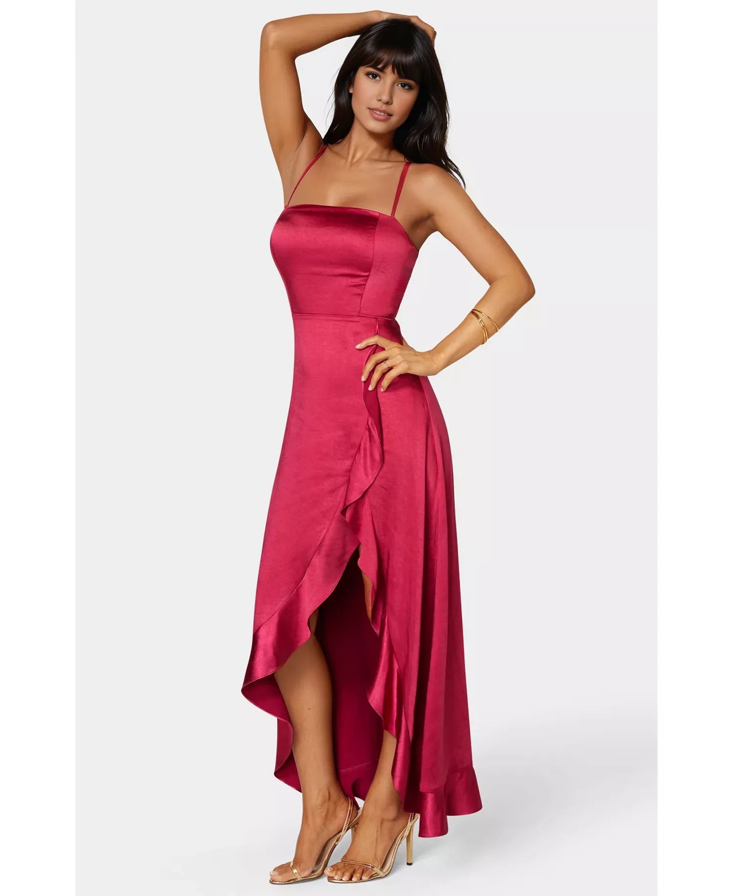 Satin Straight Neck Strap Lace-Up Back High-Low Maxi Wedding Guest Dress