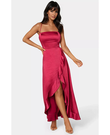 Satin Straight Neck Strap Lace-Up Back High-Low Maxi Wedding Guest Dress