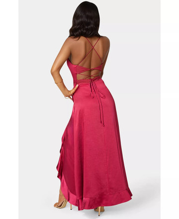 Satin Straight Neck Strap Lace-Up Back High-Low Maxi Wedding Guest Dress