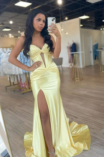 Vestido de Fiesta Largo de Satén con Cuentas Estilo Sirena, Escote Corazón, Sin Tirantes y con Cordones
