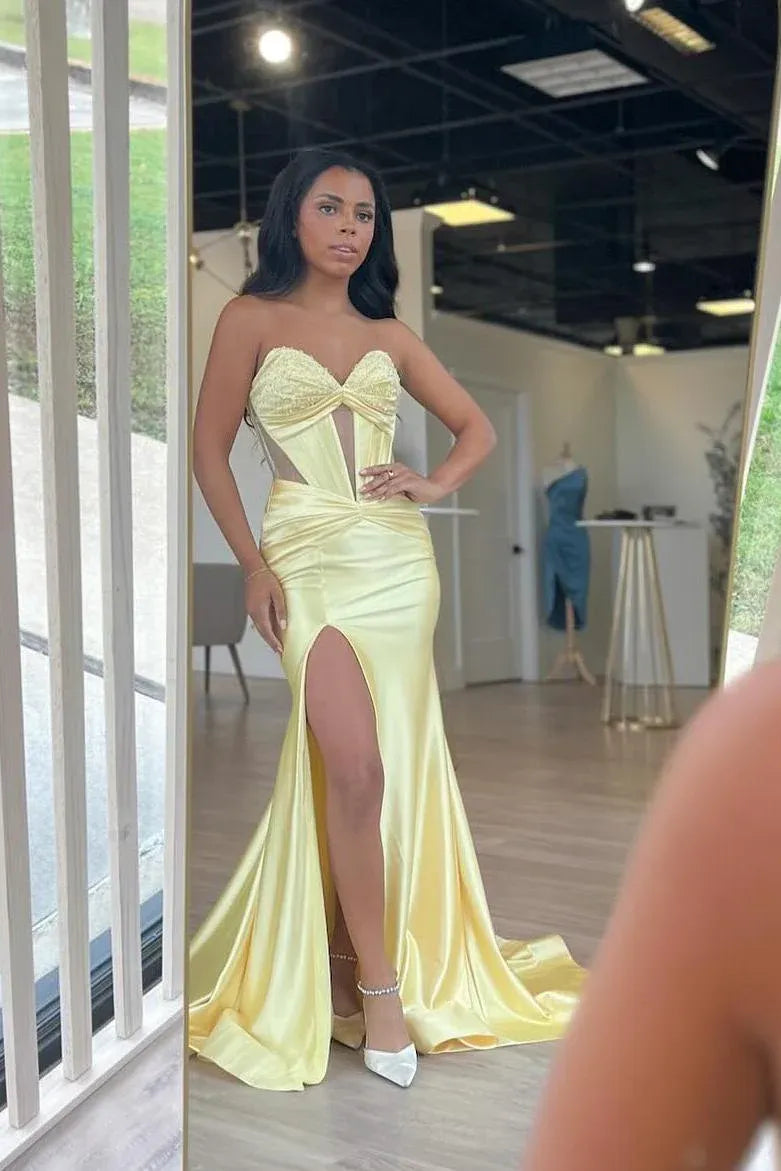 Vestido de Fiesta Largo de Satén con Cuentas Estilo Sirena, Escote Corazón, Sin Tirantes y con Cordones