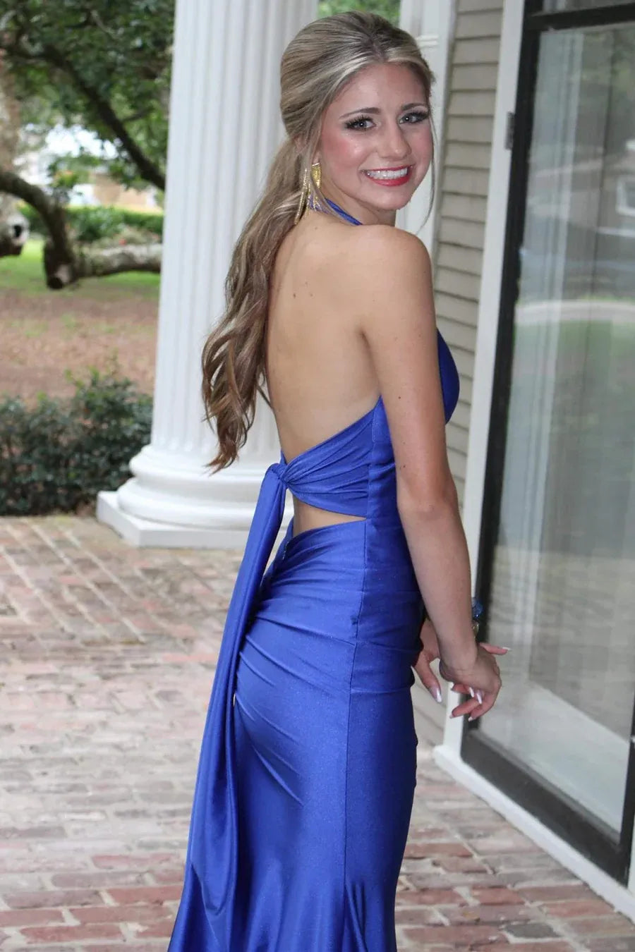 Satin Mermaid Halter Neck Backless Bow Floor-Length Prom Gown