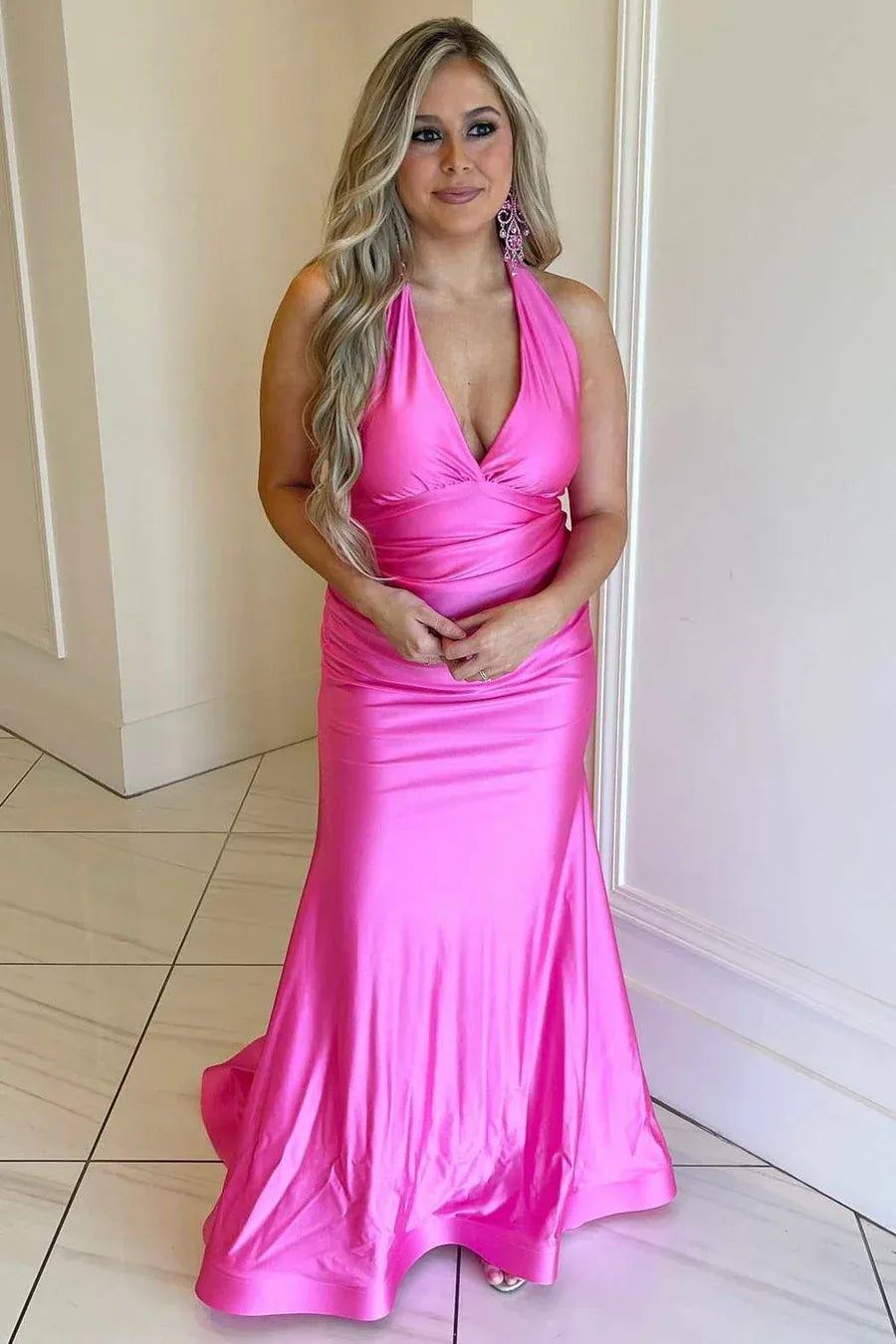 Satin Mermaid Halter Neck Backless Bow Floor-Length Prom Gown