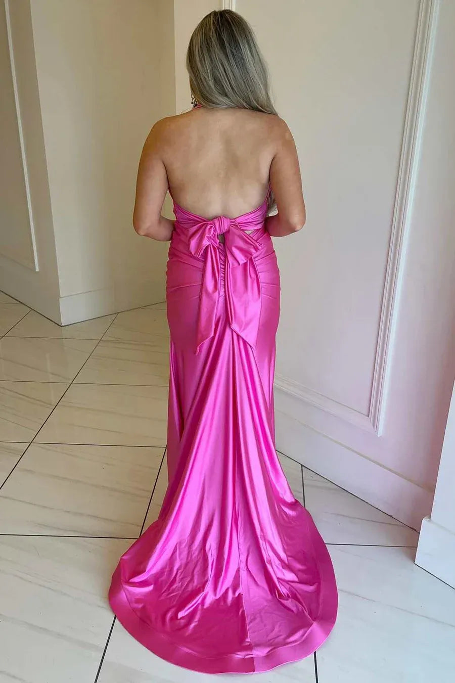 Satin Mermaid Halter Neck Backless Bow Floor-Length Prom Gown