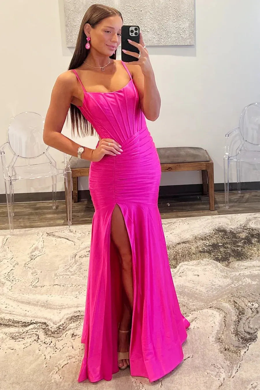 Vestido de fiesta de raso tipo sirena, escote cuadrado, sin mangas, sin espalda, largo hasta el suelo