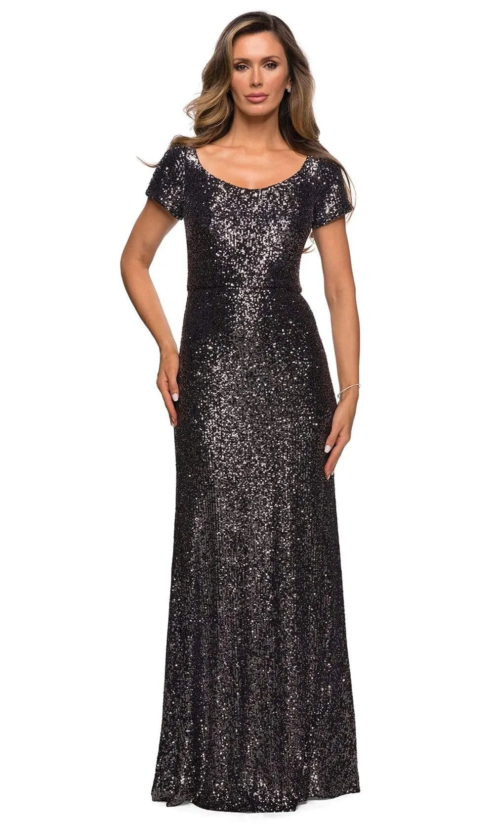 Elegant Scoop Neck Sequin Maxi Evening Short Sleeve Formal Mother of the Bride Dress