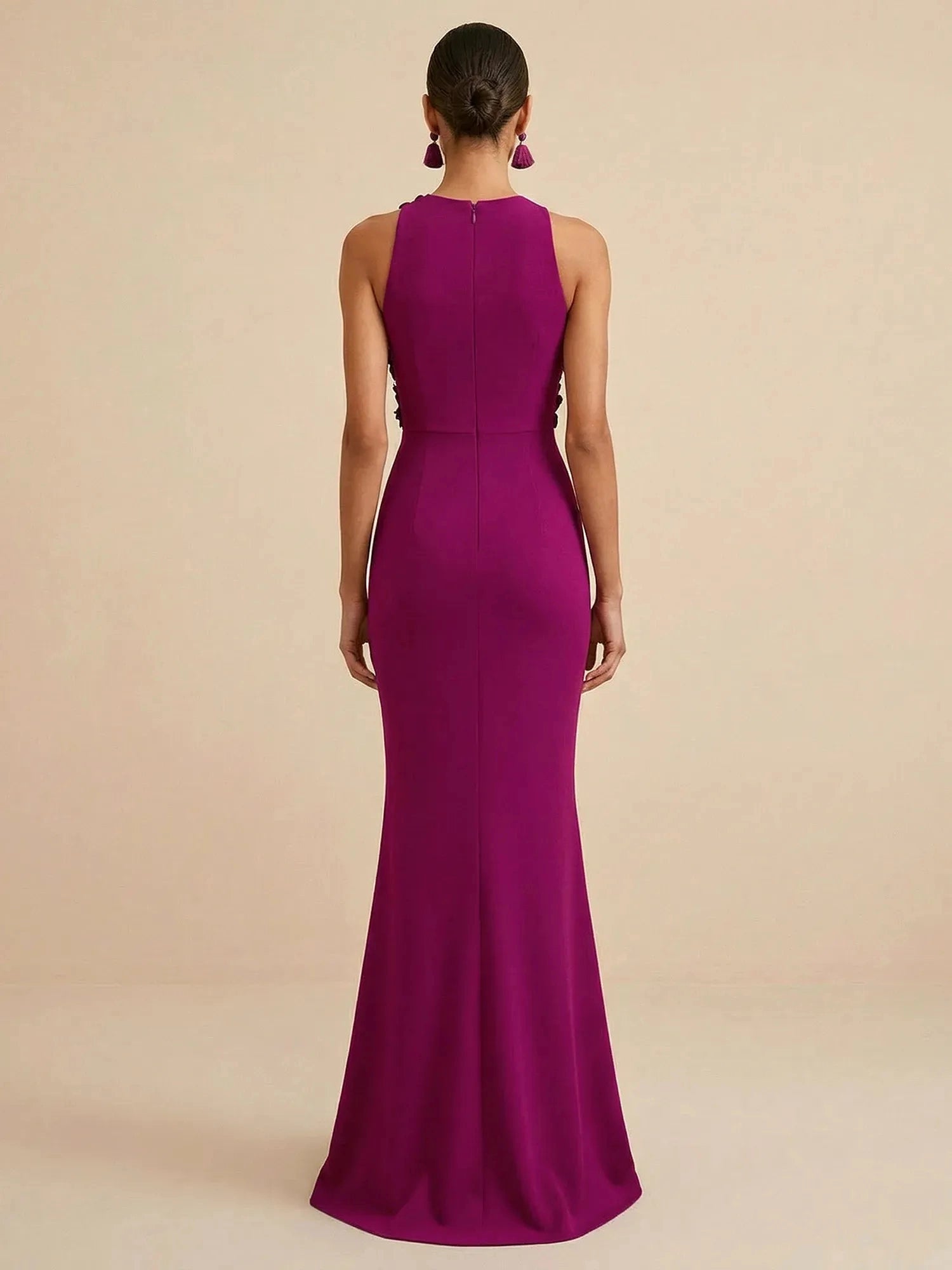 Zip‑back magenta crepe 3d flower mermaid long mother of the bride formal dress