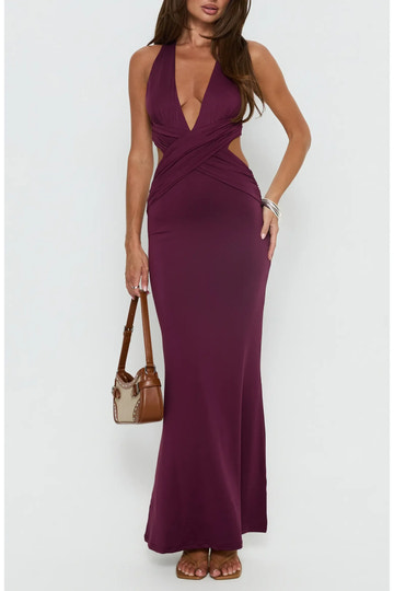 Sculpting Mermaid Deep V Halter Sleeveless Cross Wrap Waist Side Cutout Twisted Open Back Floor-Length Maxi Evening Dress
