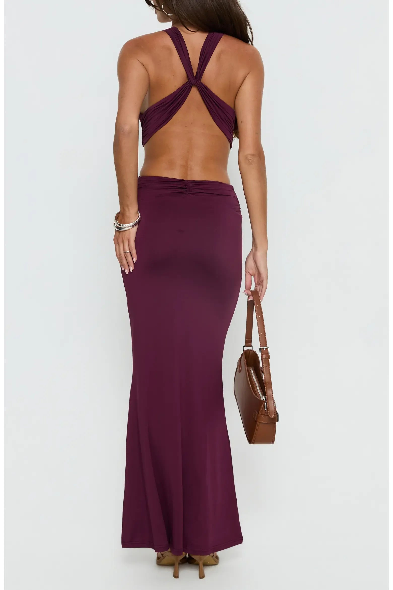 Sculpting Mermaid Deep V Halter Sleeveless Cross Wrap Waist Side Cutout Twisted Open Back Floor-Length Maxi Evening Dress