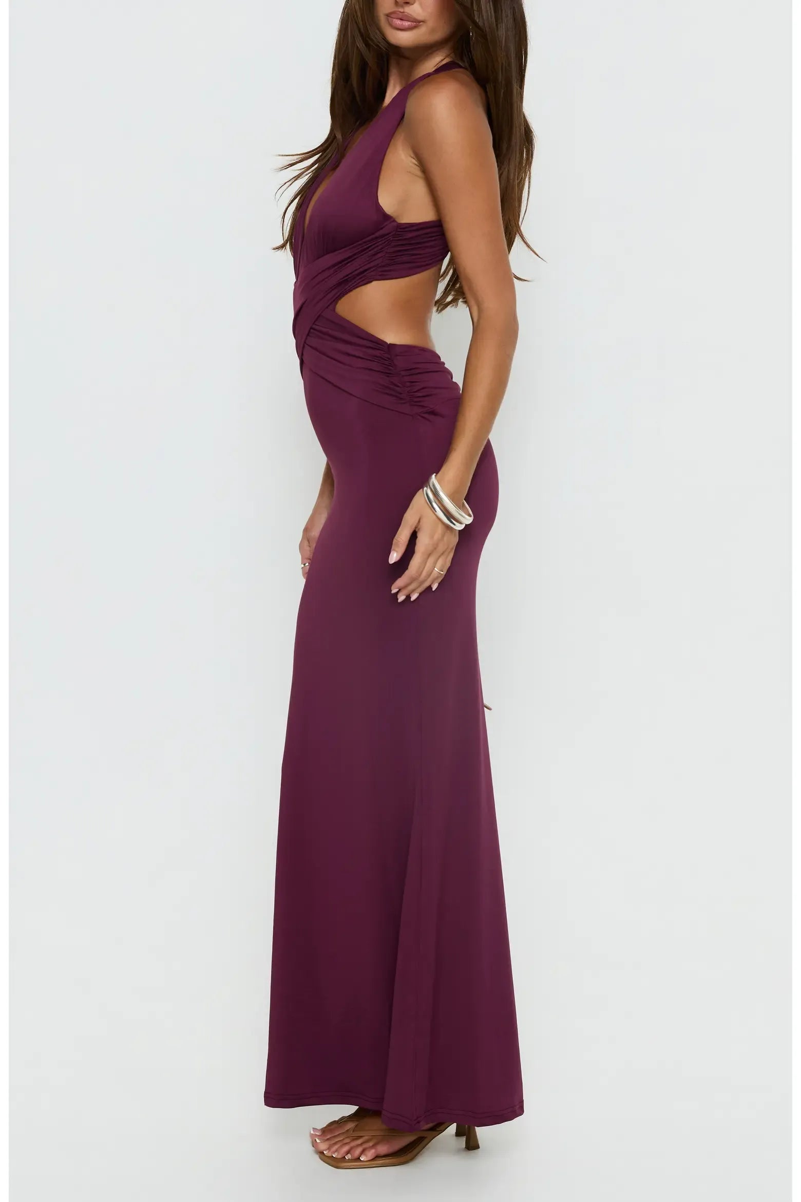 Sculpting Mermaid Deep V Halter Sleeveless Cross Wrap Waist Side Cutout Twisted Open Back Floor-Length Maxi Evening Dress