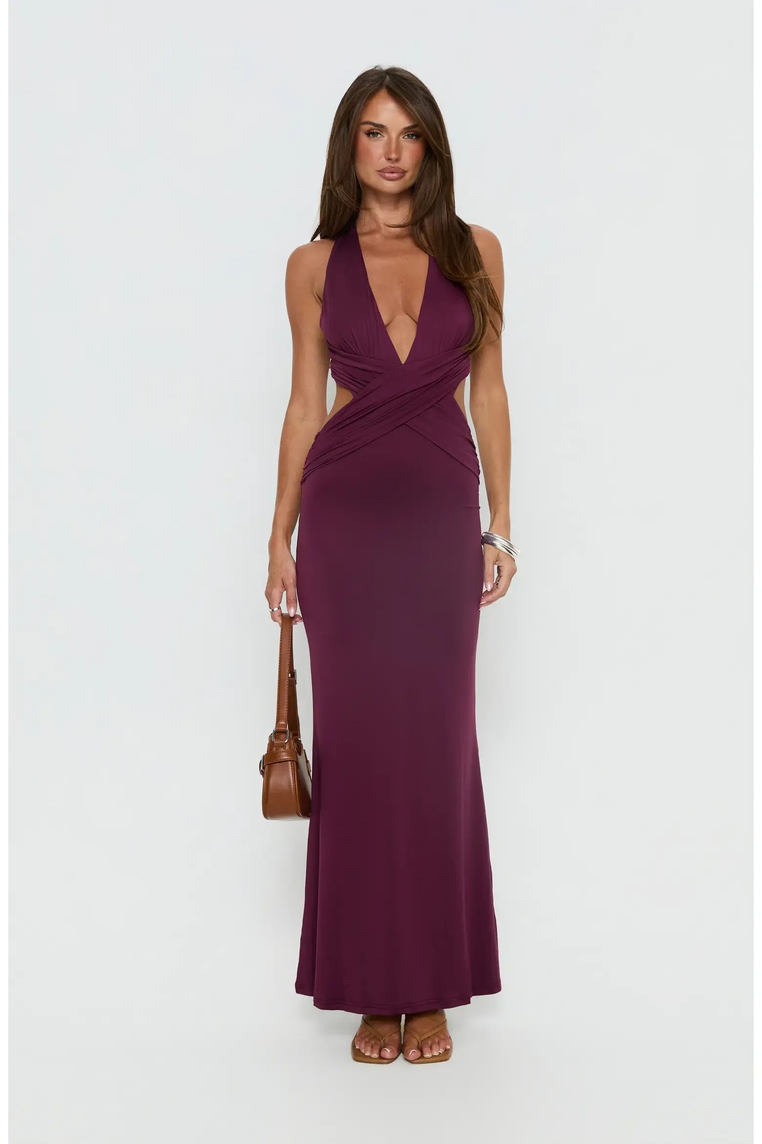 Sculpting Mermaid Deep V Halter Sleeveless Cross Wrap Waist Side Cutout Twisted Open Back Floor-Length Maxi Evening Dress