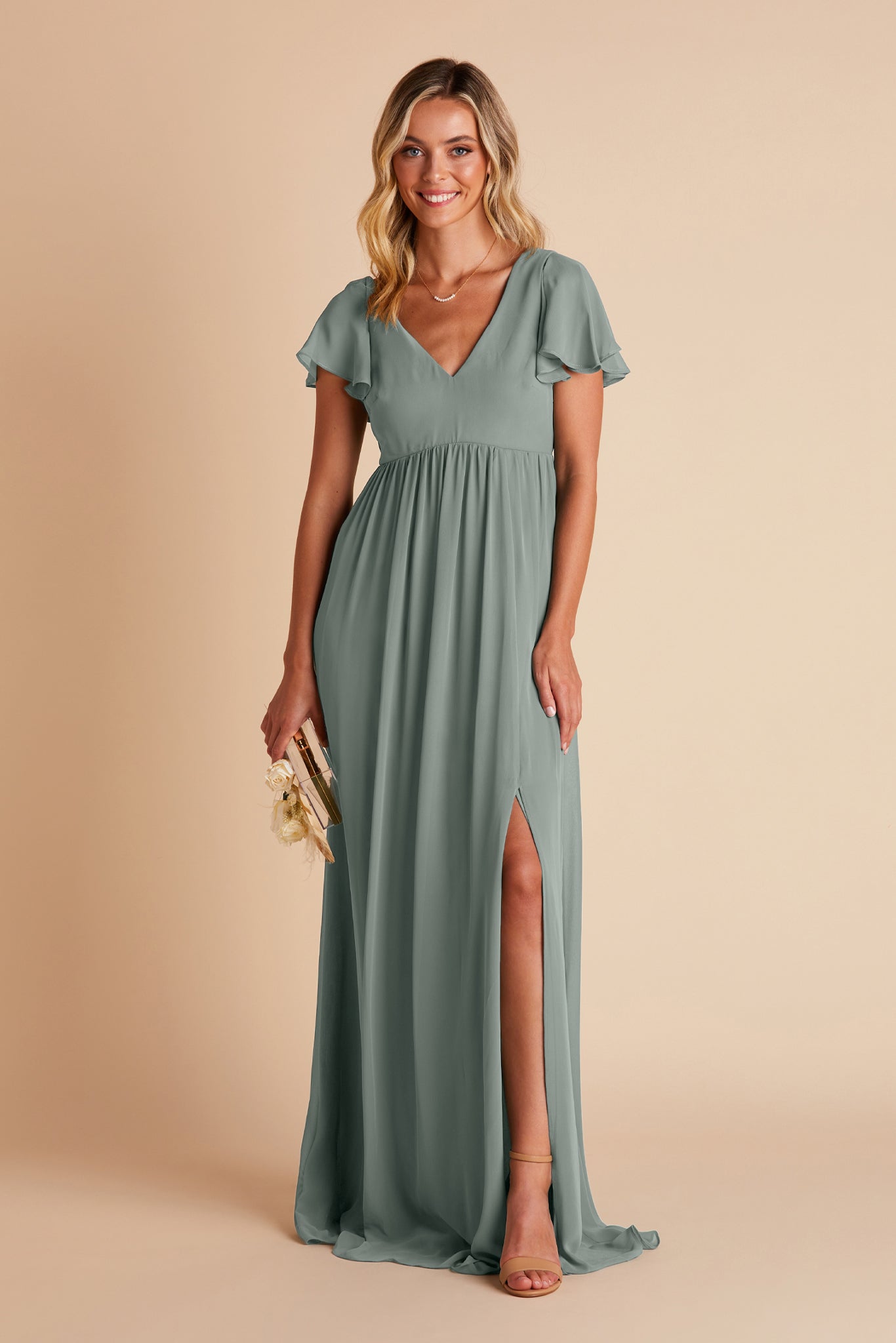 Women's V-Neck Flutter Sleeve Chiffon Bridesmaid Dresses Maxi Dress with Empire Waist & Side Slit Formal Evening Gown