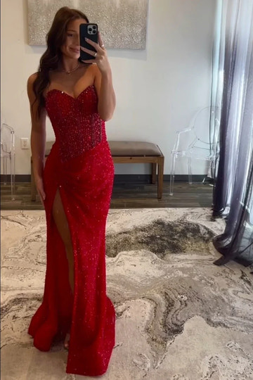 Mermaid Sequin Embellished Sweetheart Strapless Mesh Panel Slit Maxi Prom Dress
