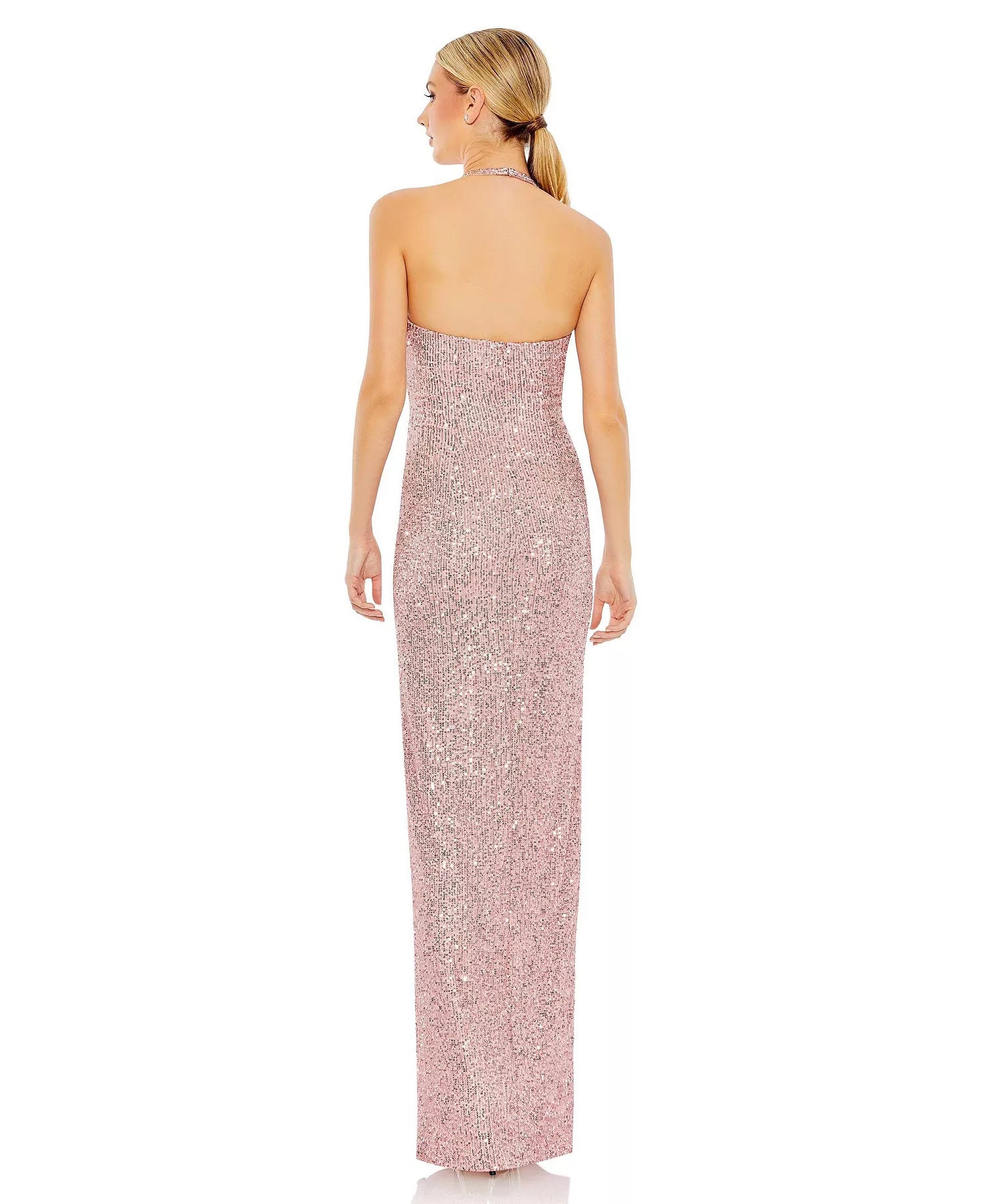Sequin Halter Neck Twist-Front High-Slit Evening Dress Maxi Wedding Guest Dress