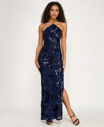 Vestido de noche largo con lentejuelas, escote halter, diseño floral de sirena y abertura en la pierna