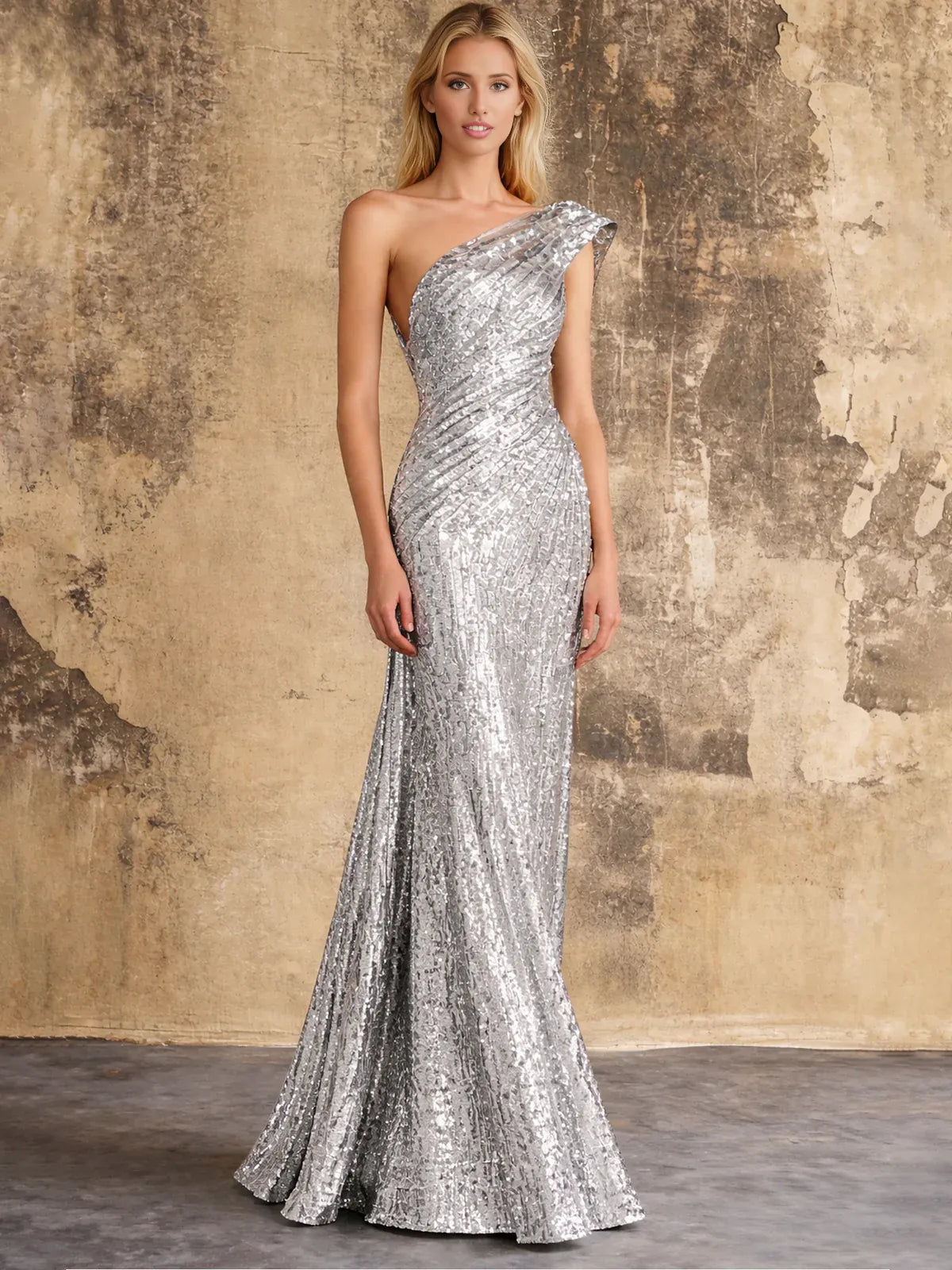 Ruched Sequin Mermaid One Shoulder Floor-Length Sparkle Christmas Party Evening Dress