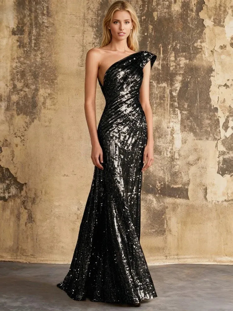 Ruched Sequin Mermaid One Shoulder Floor-Length Sparkle Christmas Party Evening Dress