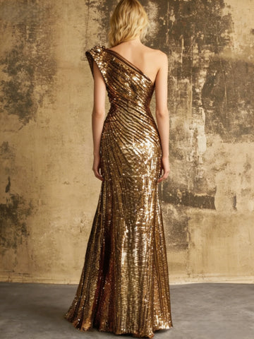 Ruched Sequin Mermaid One Shoulder Floor-Length Sparkle Christmas Party Evening Dress