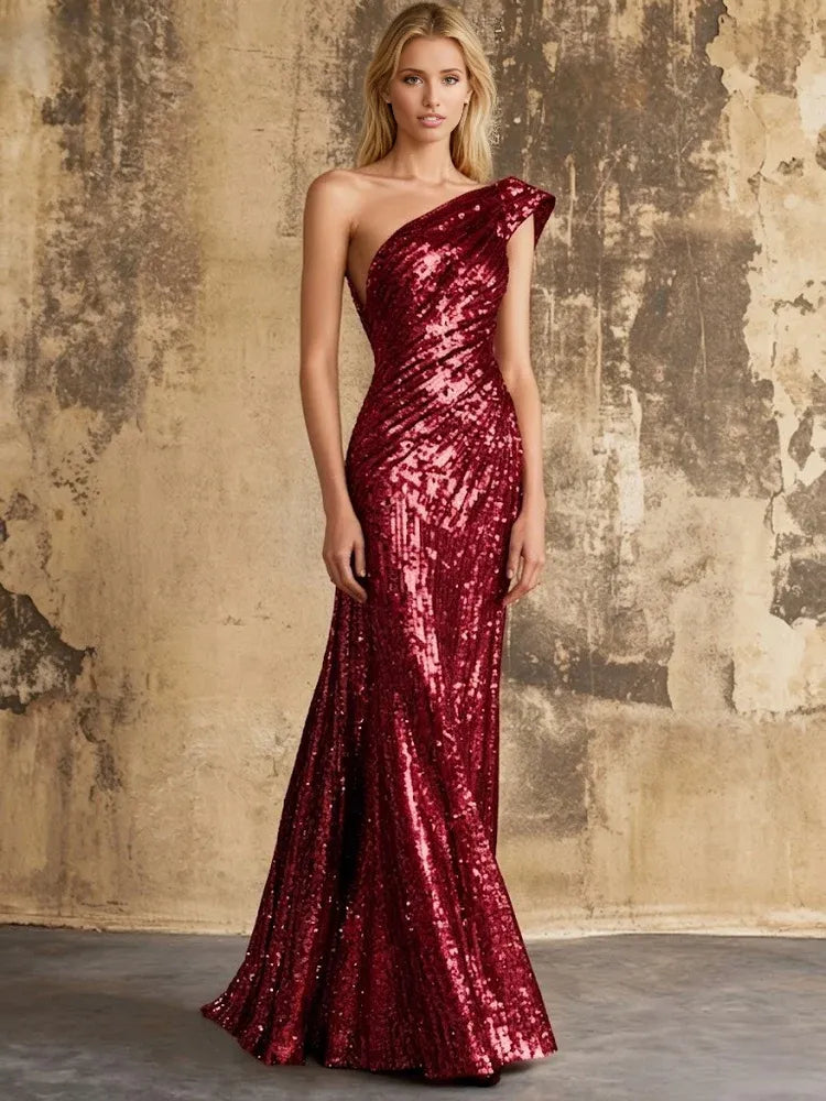 Ruched Sequin Mermaid One Shoulder Floor-Length Sparkle Christmas Party Evening Dress