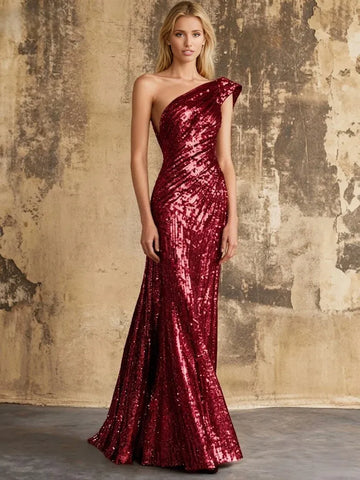 Ruched Sequin Mermaid One Shoulder Floor-Length Sparkle Christmas Party Evening Dress