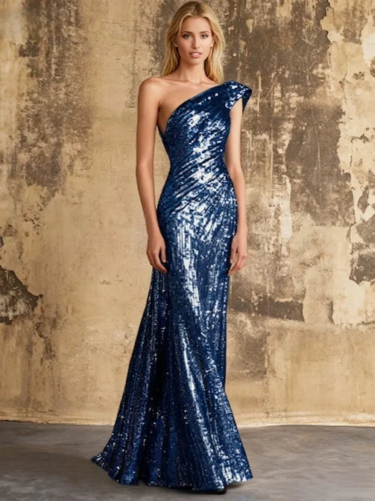 Ruched Sequin Mermaid One Shoulder Floor-Length Sparkle Christmas Party Evening Dress